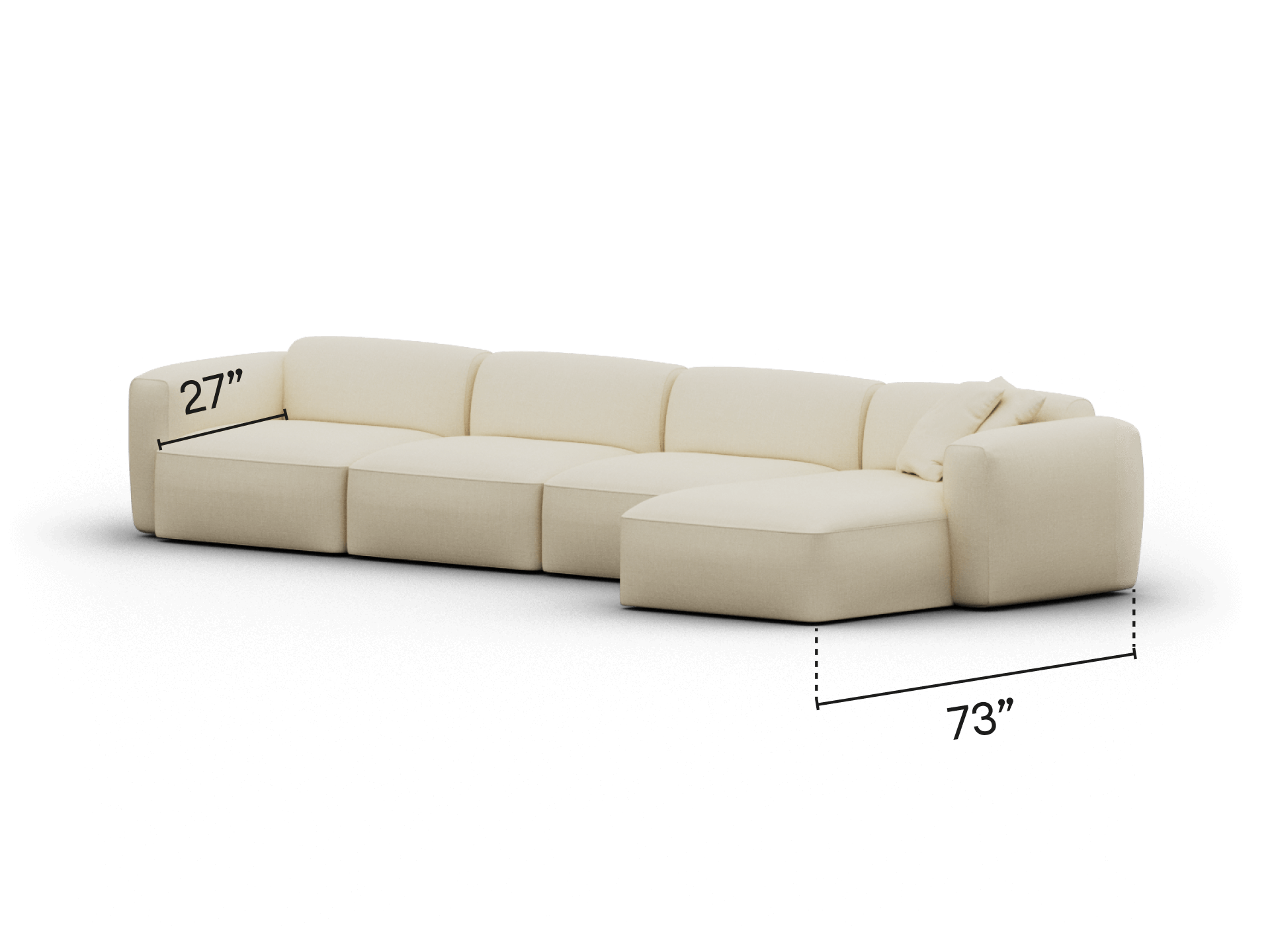 Plush beige modular sectional sofa, upholstered in premium fabric, features deep seating and a right-facing chaise. Perfect for a sophisticated living room.