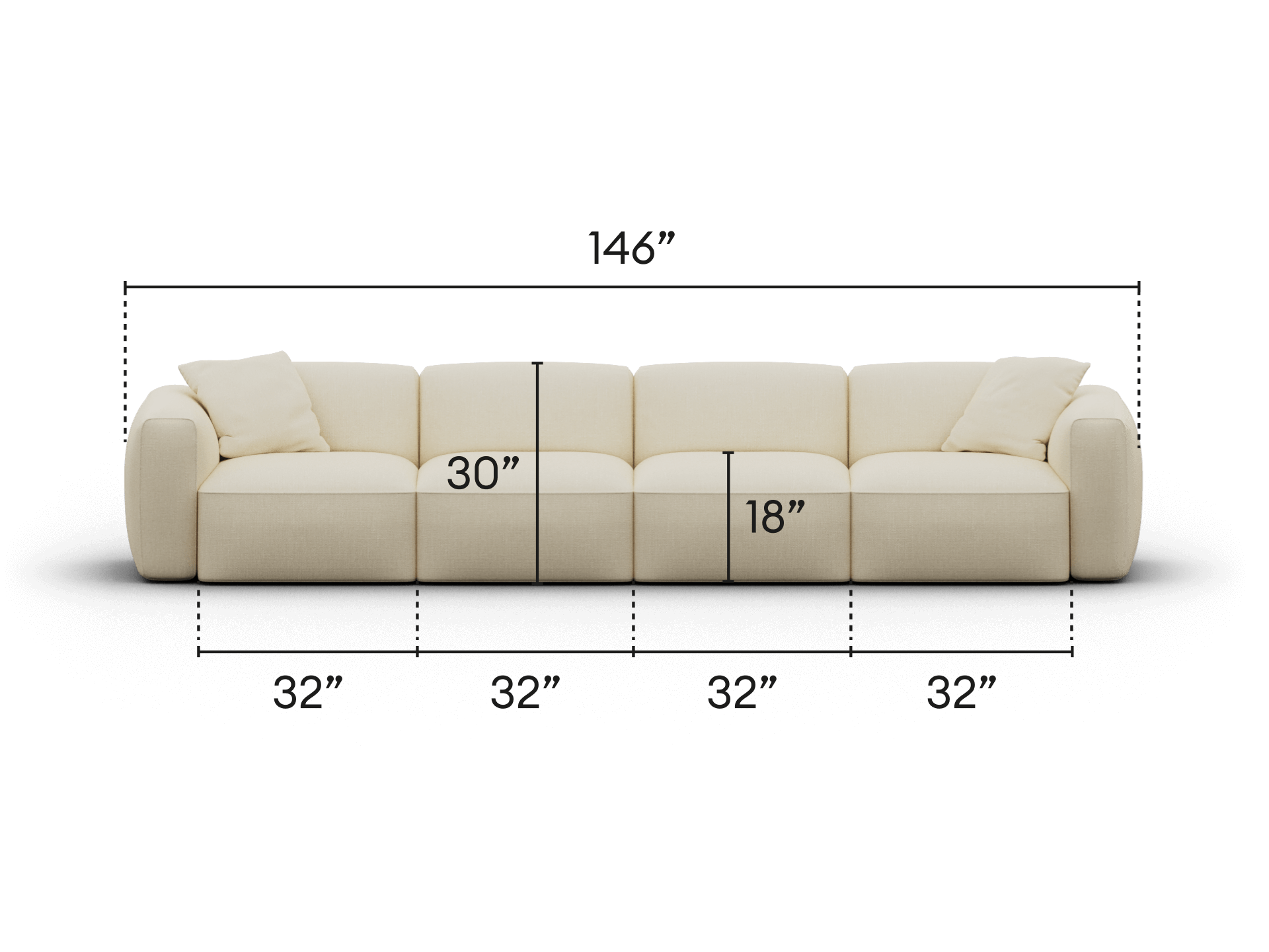 Elegant modular sofa in premium beige fabric, featuring plush cushions and wide armrests, seamlessly fitting spacious living areas. Dimensions: 146” x 32”.