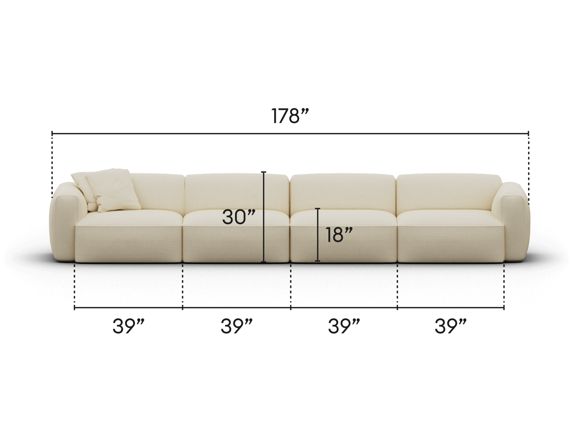 Luxurious modular sofa in cream fabric, featuring plush cushions and sleek, curved armrests. Perfect for elegant living spaces, measuring 178 inches wide.
