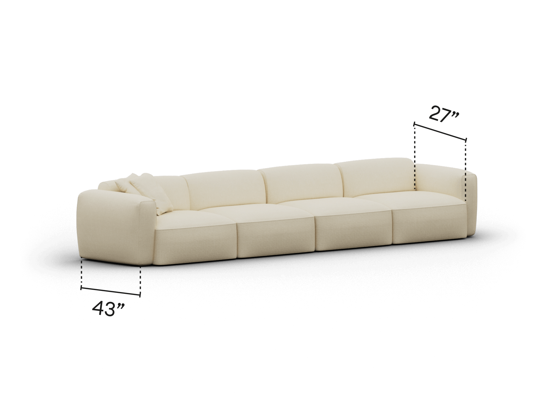 Elegant beige sectional sofa in premium fabric, featuring deep plush cushions and modern block design, measuring 43" deep and 27" high, ideal for luxe settings.