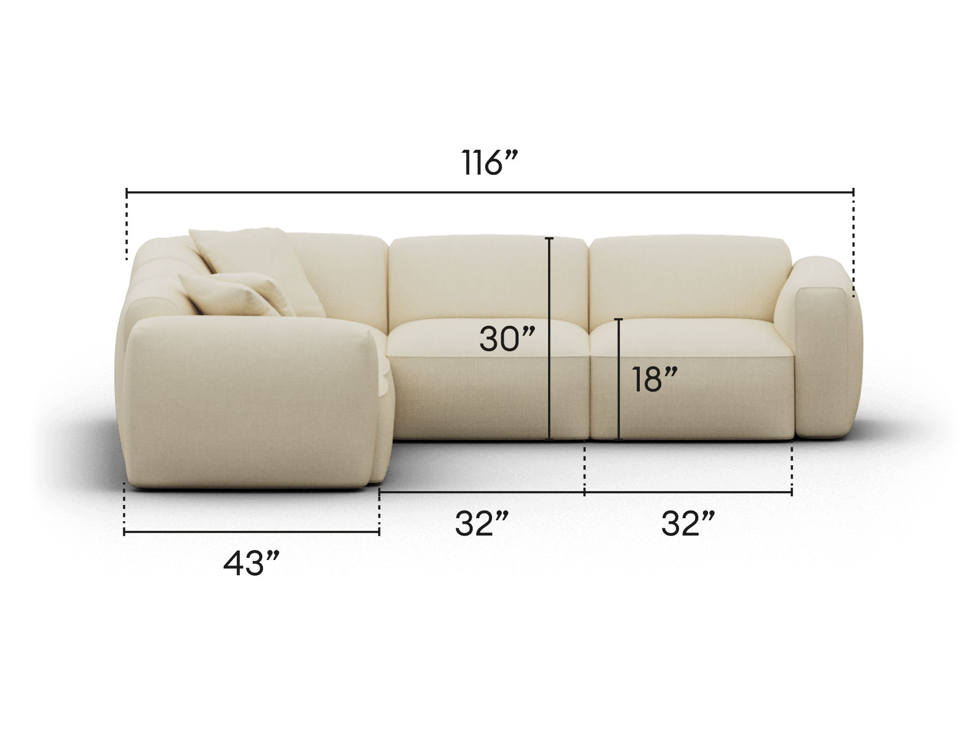 Elegant cream sectional sofa featuring plush fabric upholstery, modular design, and generous deep seating. Perfect for a contemporary living room setting.