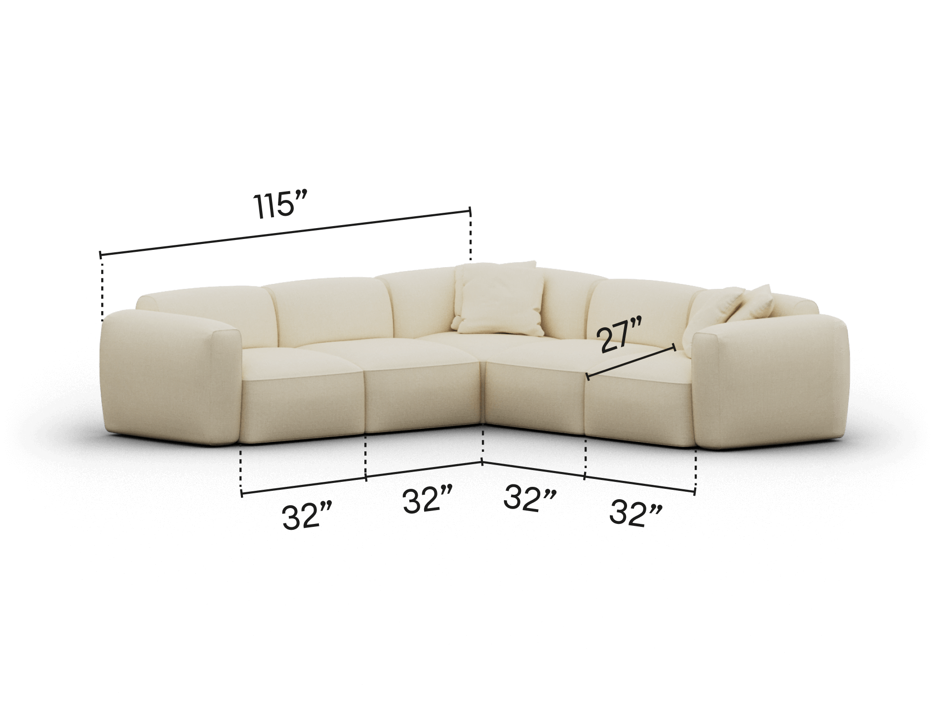 Cream modular sectional sofa in plush fabric, featuring wide arms and deep seating. Configured in a corner setting, perfect for spacious modern interiors.