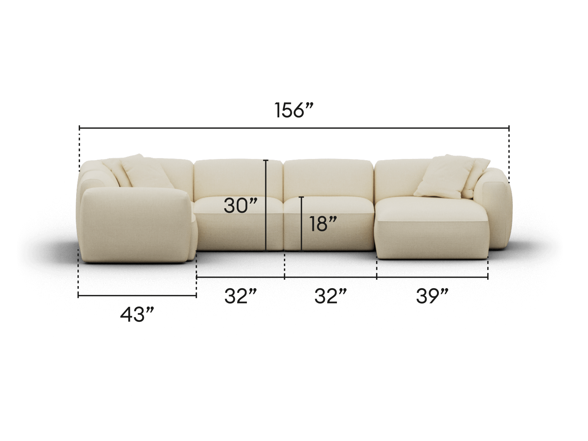 Elegant modular sectional sofa in luxurious beige fabric, featuring plush cushions and broad armrests. Perfect for sophisticated lounge settings.