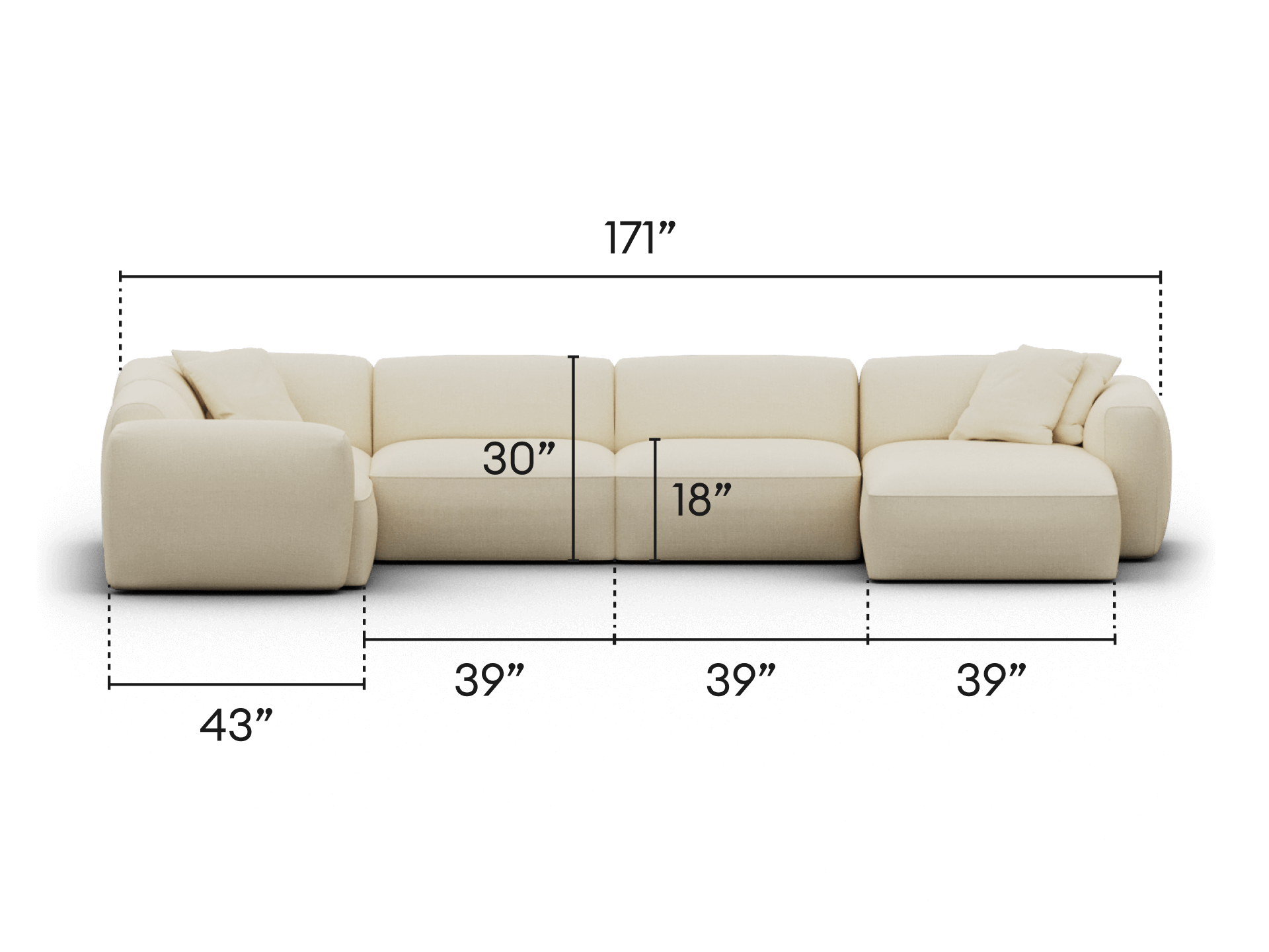 Luxurious modular sofa in creamy beige fabric, featuring plush cushions and a sleek, low-profile design. Perfect for spacious, modern living areas.