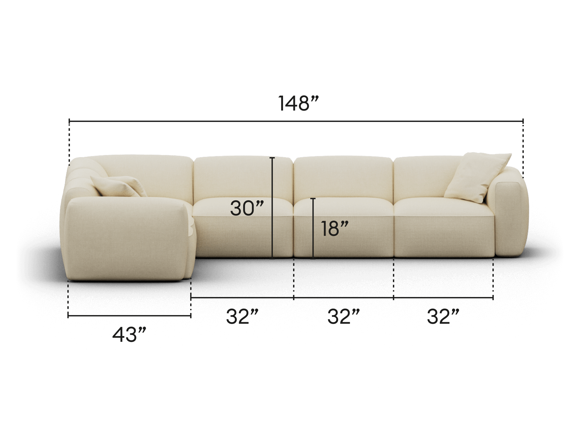Luxurious beige fabric sectional sofa, featuring modular design and plush cushions. Stylistic seam details enhance its modern allure. Ideal for contemporary living spaces.