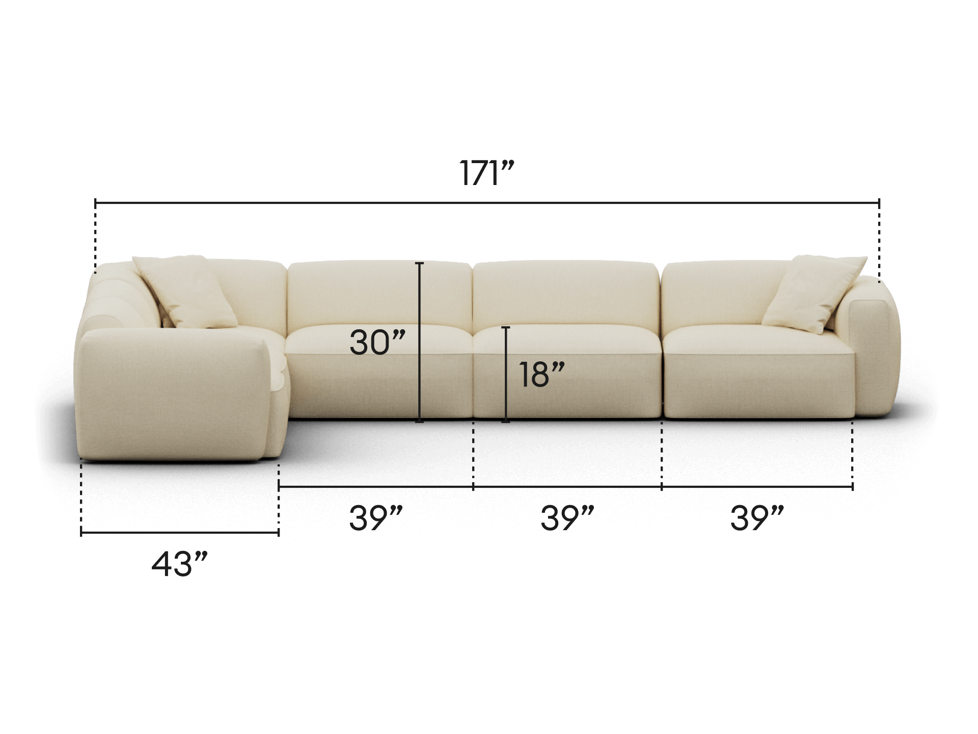 Luxurious modular sofa in cream fabric, showcasing deep seating and plush cushions. Perfect for a spacious lounge, offering comfort and modern elegance.