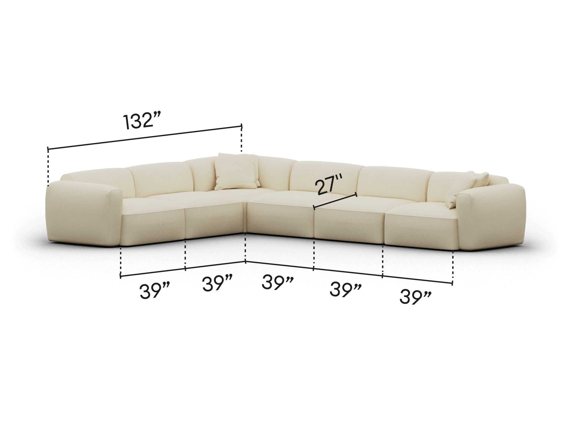 Luxurious cream modular sectional sofa in plush fabric. Features deep seats and ample cushioning. Perfect for modern living spaces, measures 132"x 90".