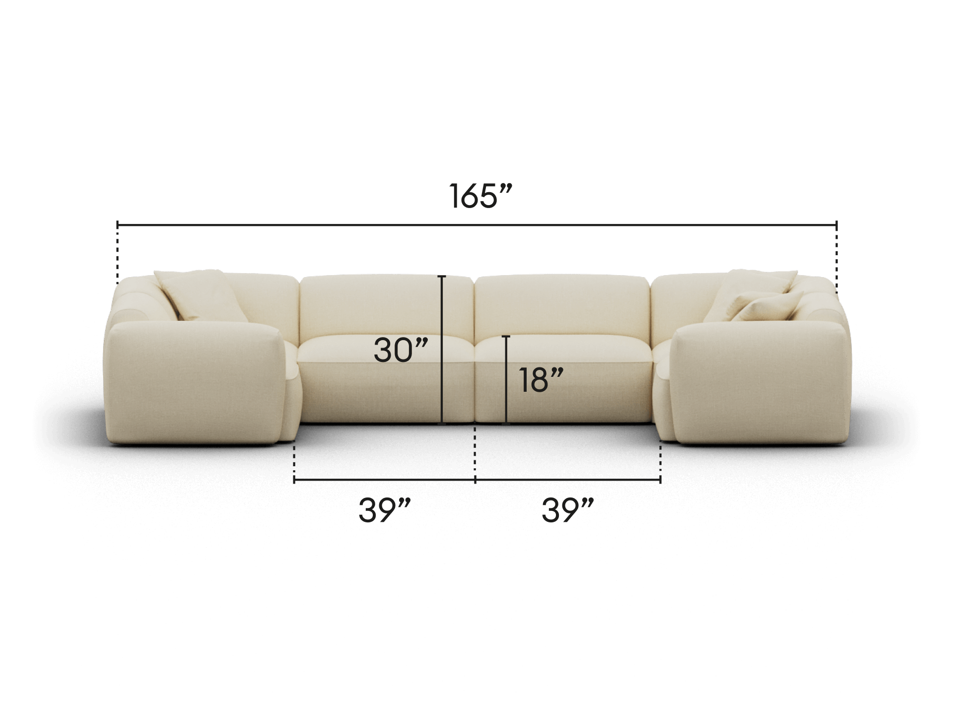 Luxurious cream L-shaped sectional sofa in plush fabric. Features deep seats, chaise lounge, and cushioned armrests. Ideal for spacious contemporary living areas.
