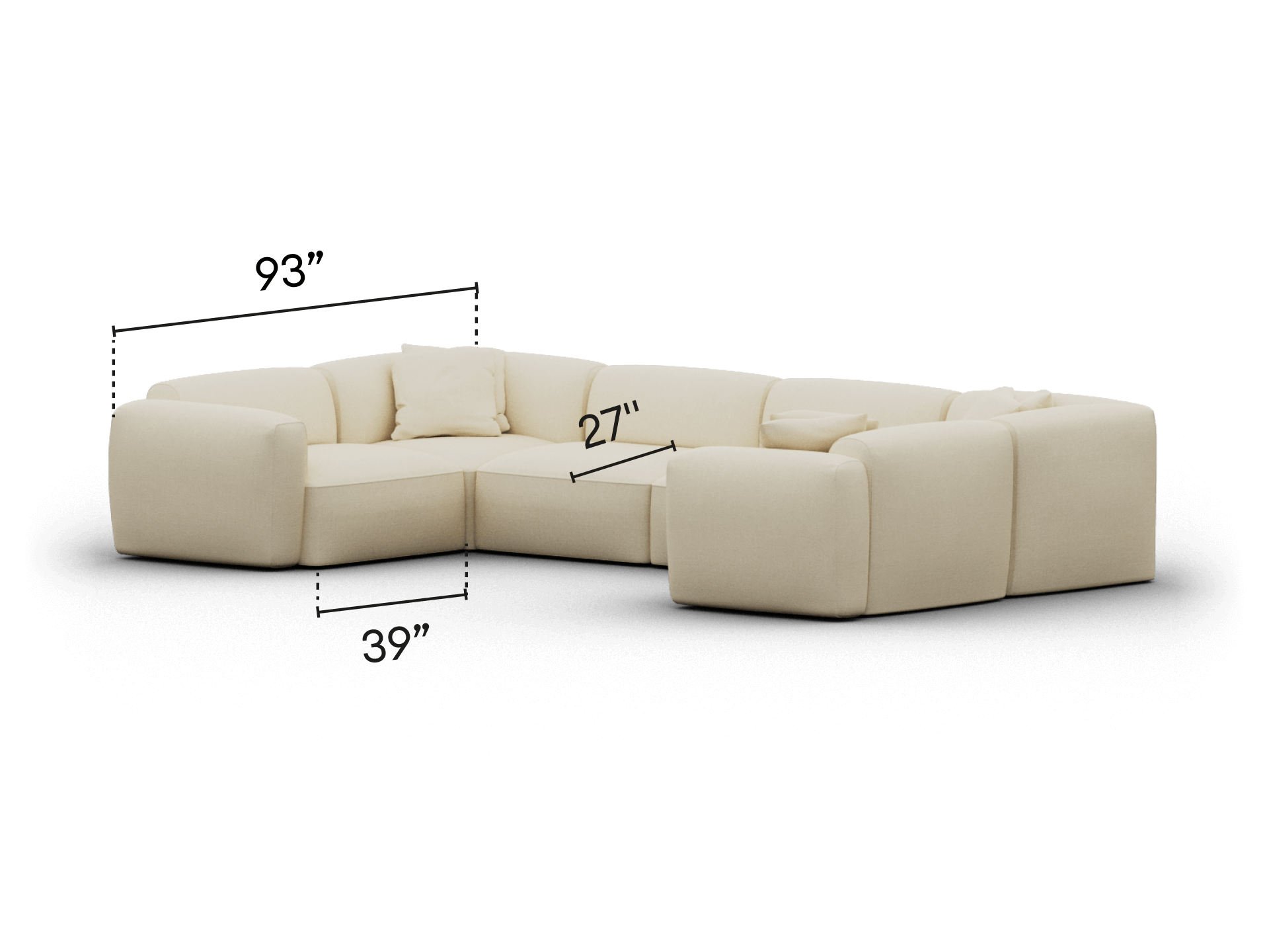 Luxurious L-shaped sectional sofa in creamy beige fabric. Features deep seats, plush cushioning, and a minimalist silhouette. Perfect for an upscale living room.