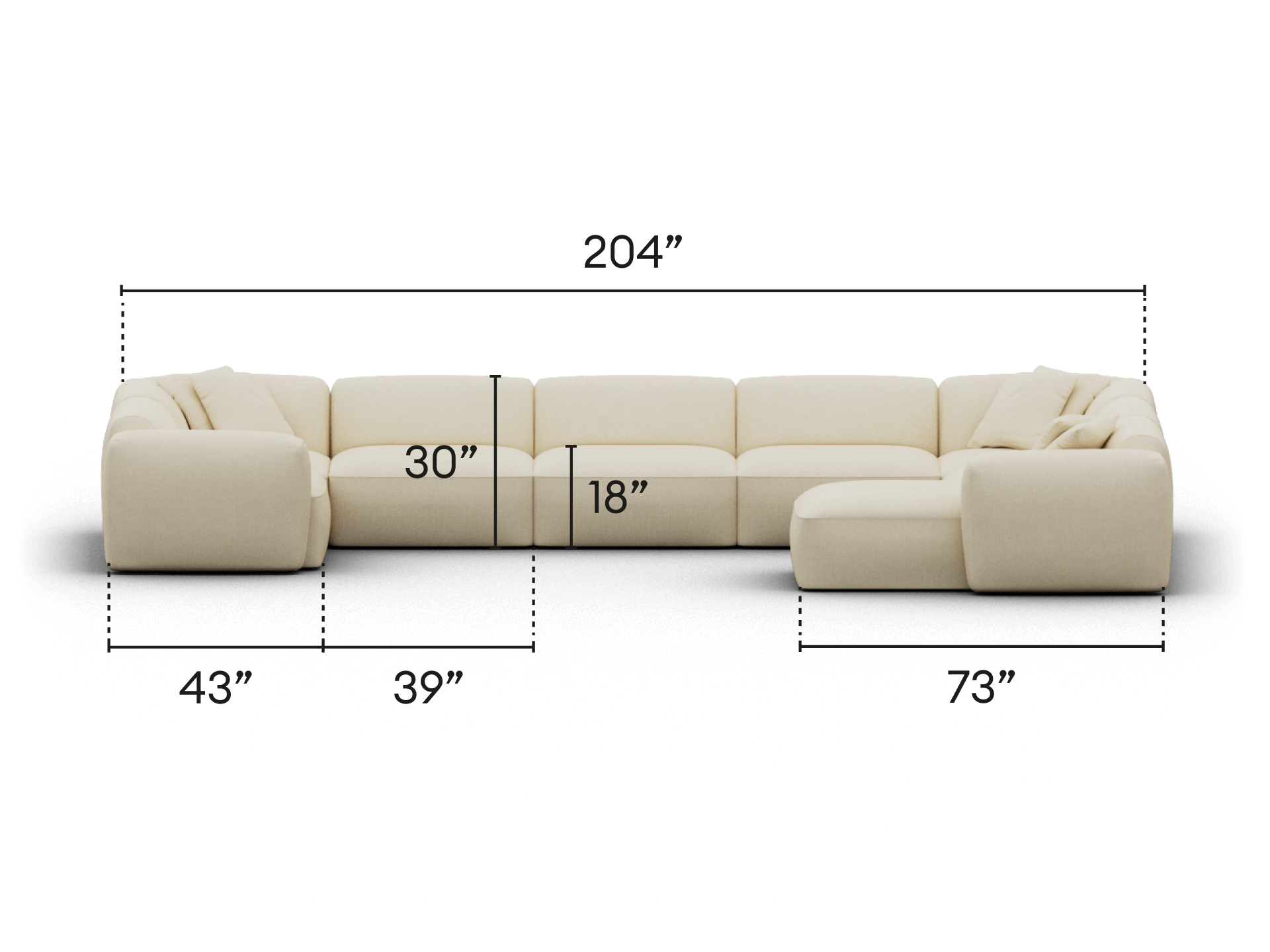 Cream sectional sofa in plush upholstery, featuring a chaise lounge and deep cushions. Sleek and spacious, perfect for a modern living room setting.