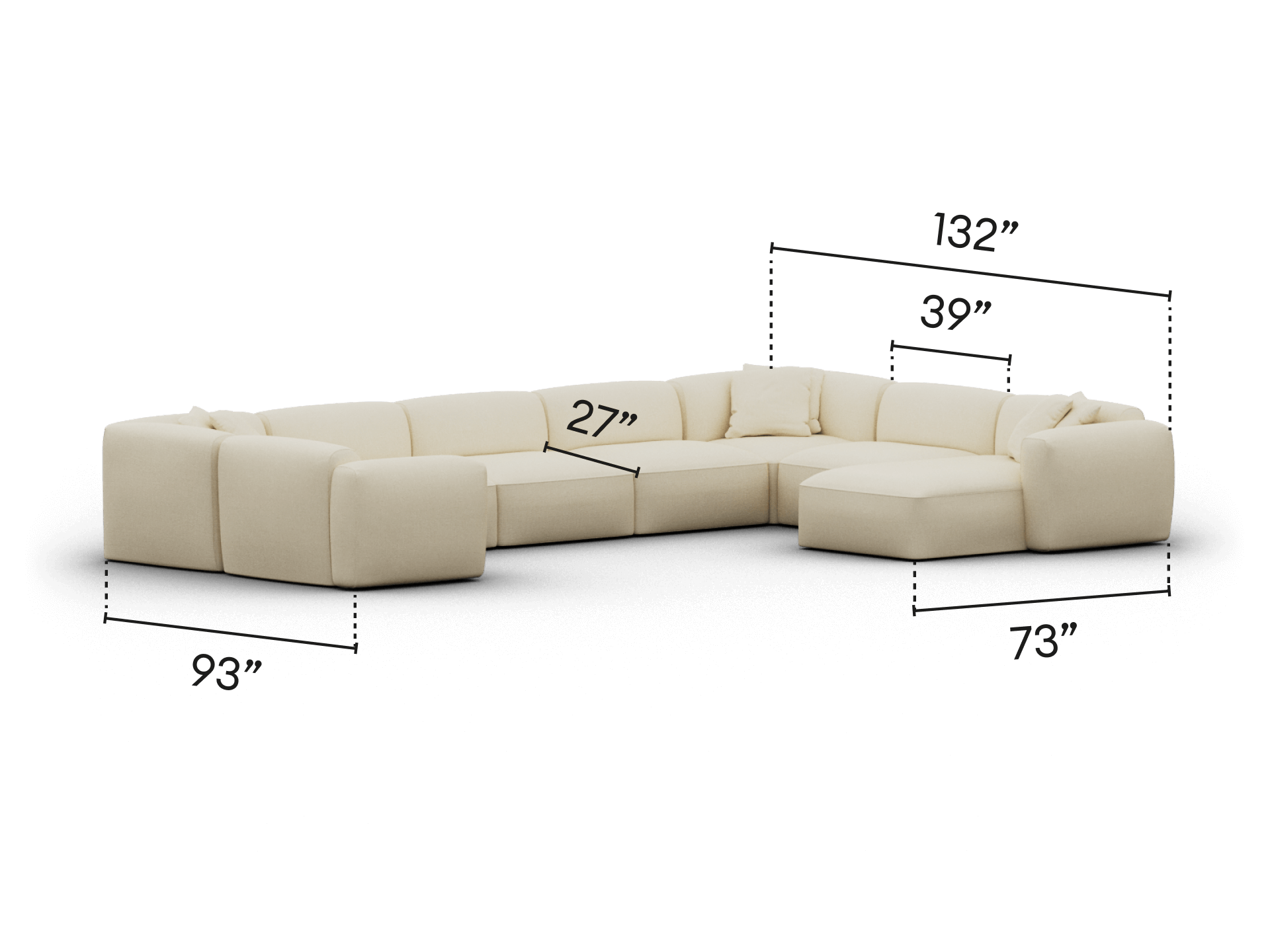 Cream sectional sofa, plush upholstery, modular design with chaise. Elegant proportions, deep seating for comfort. Ideal for contemporary living rooms.