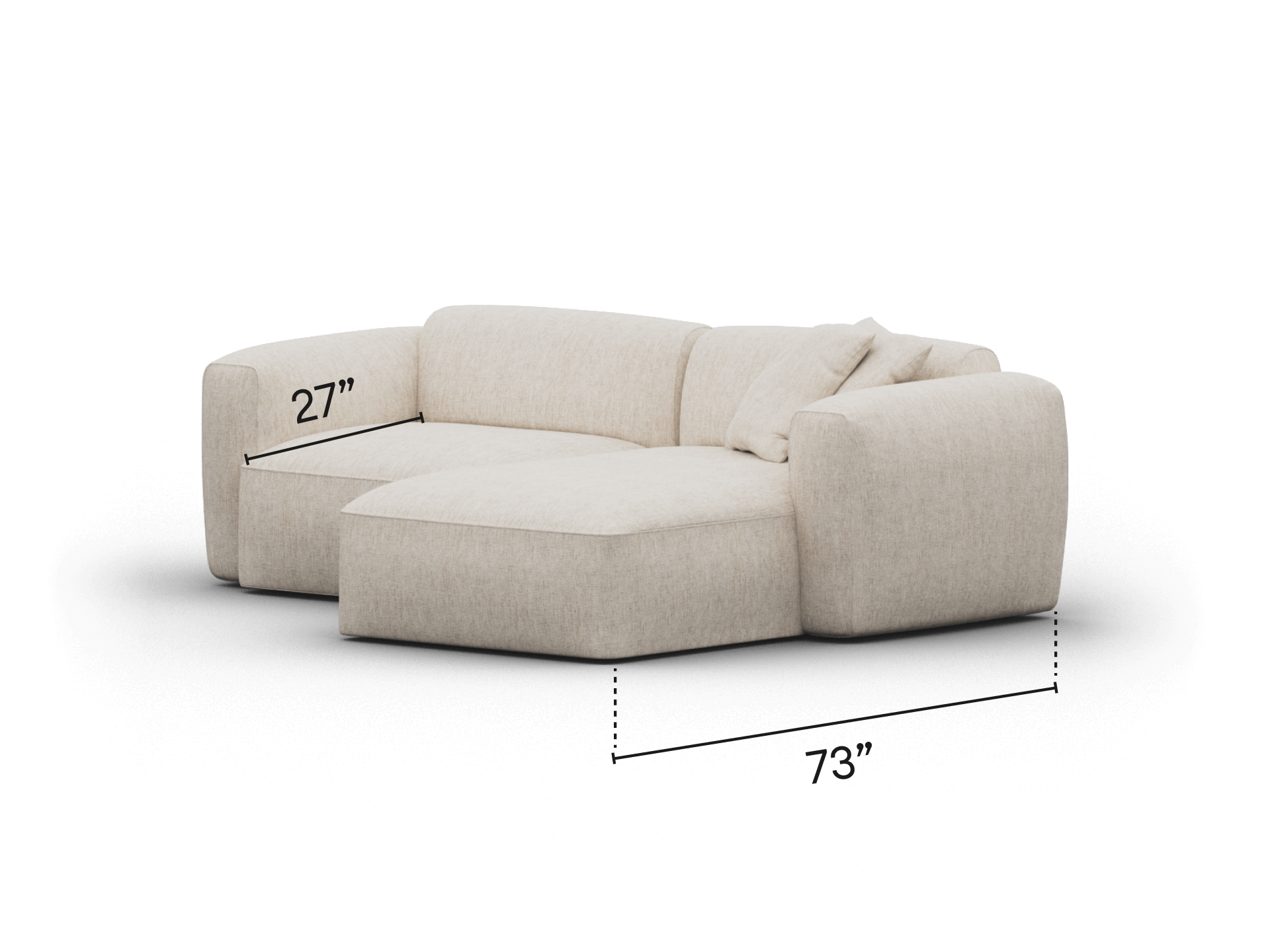 Beige fabric sectional sofa, featuring plush cushions and a chaise. Upholstered in premium textured fabric, perfect for a modern living room setting.