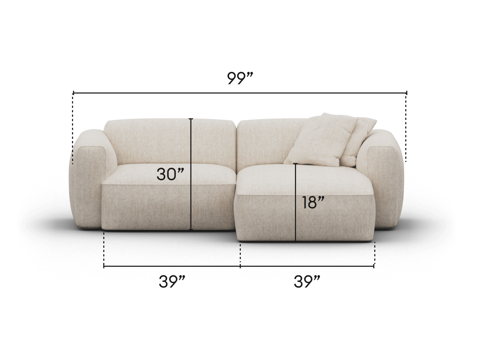 Premium beige sectional sofa with rounded arms, plush cushions, and a modern modular design in a luxurious living space. Dimensions: 99x39 inches.