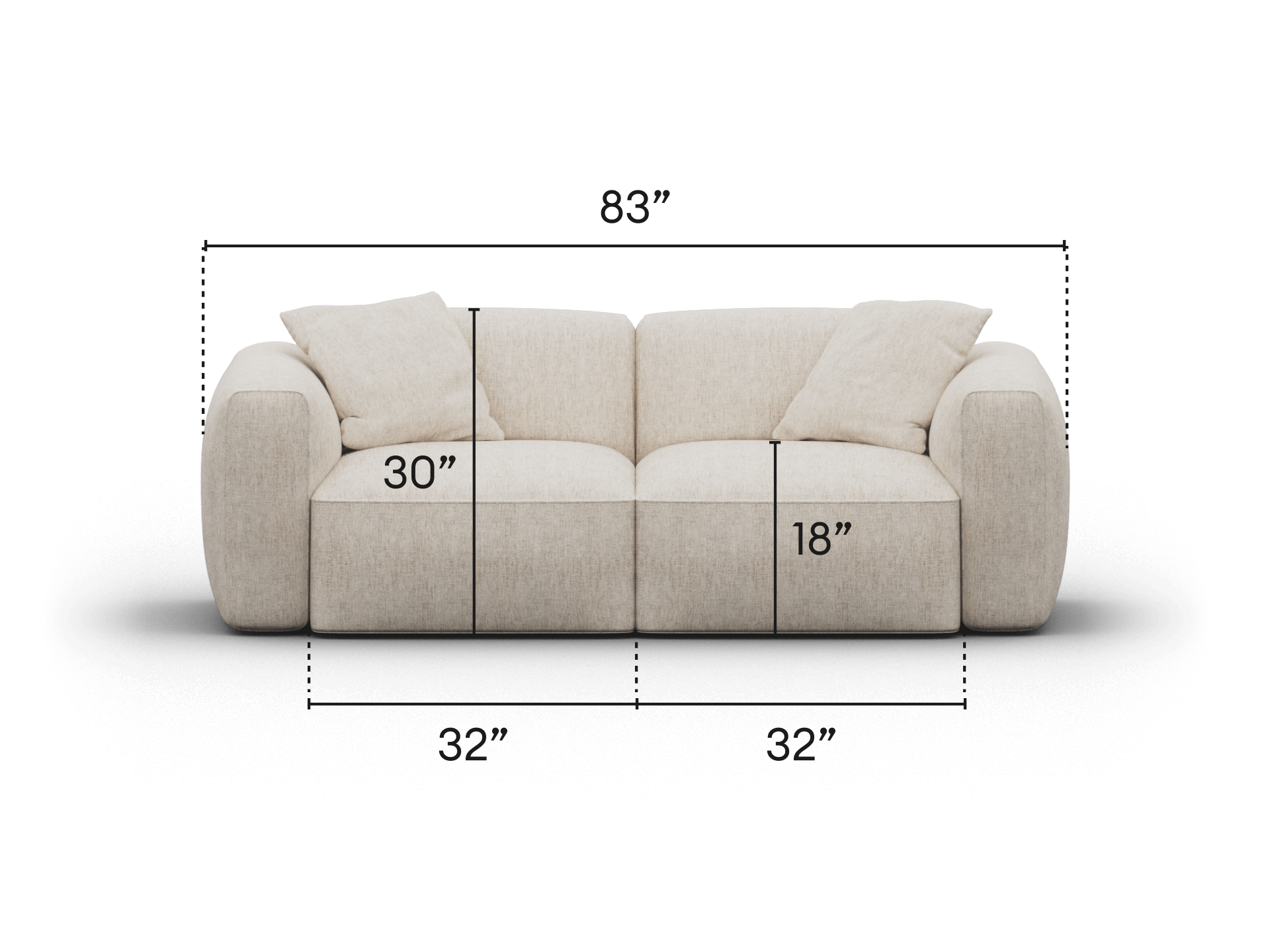 Plush cream fabric sofa with defined modular sections, featuring deep cushioned seats and rounded arms. Perfect for elegant, contemporary living spaces.