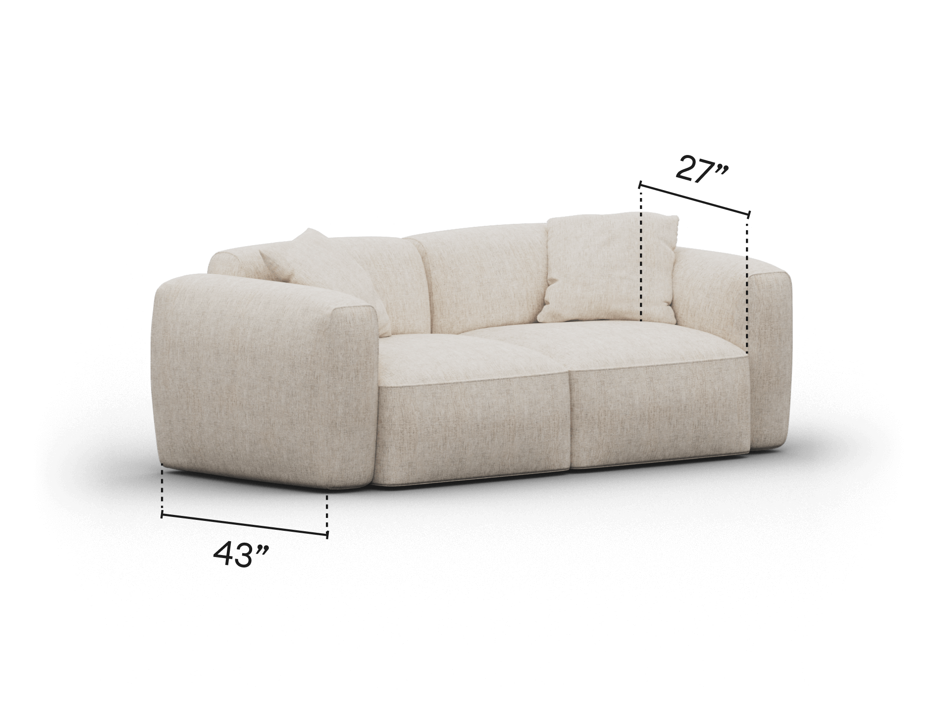 Elegant beige sofa in plush fabric with deep seating, rounded arms, and a low back. Features modern lines and space-efficient dimensions, perfect for luxe living spaces.