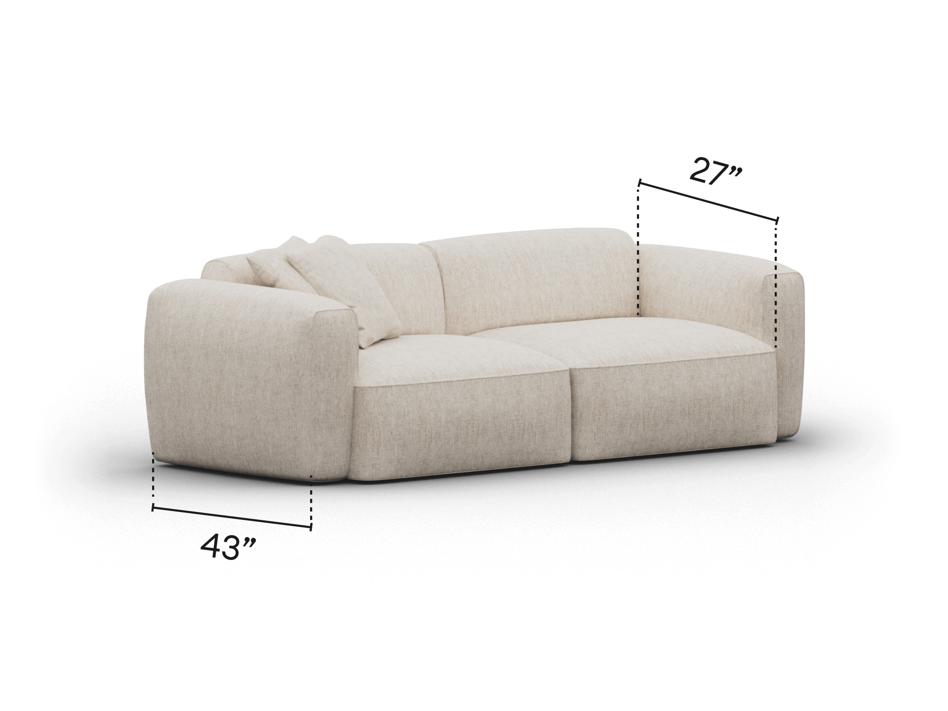 Luxurious cream linen sofa with plush cushions, featuring a sleek, low-profile design. Perfect for an elegant living room setting.