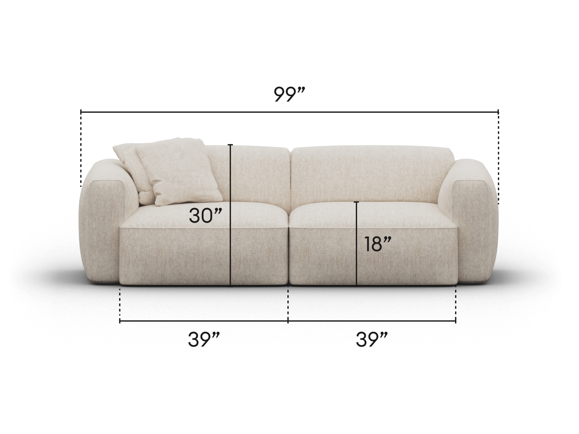 Cream three-seater sofa, plush upholstery, curved arms, modular design with precise dimensions; perfect for a modern living room.