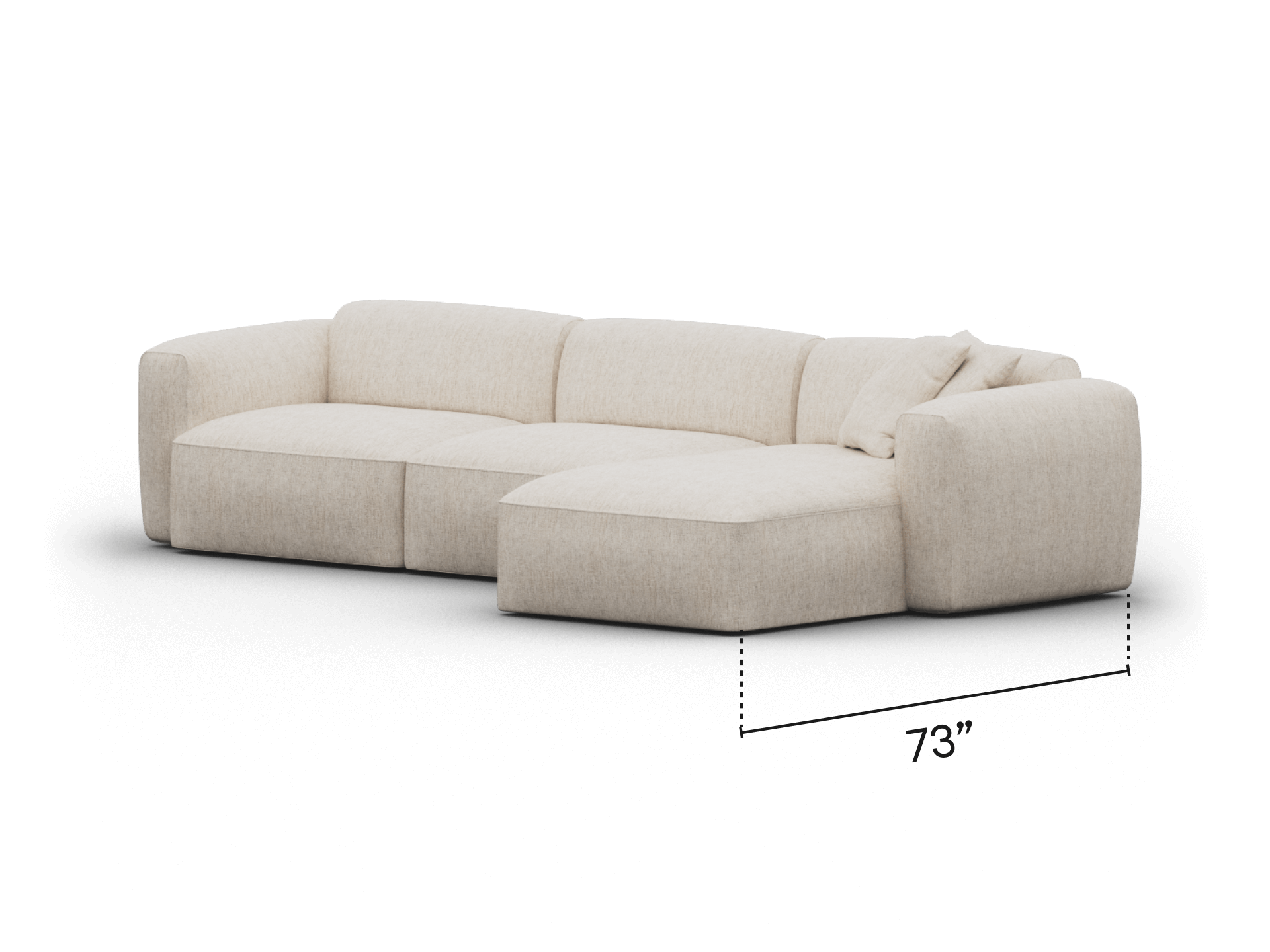 Luxurious L-shaped sectional sofa in cream-coloured linen, featuring plush cushioning and sleek lines, perfect for sophisticated modern living spaces.