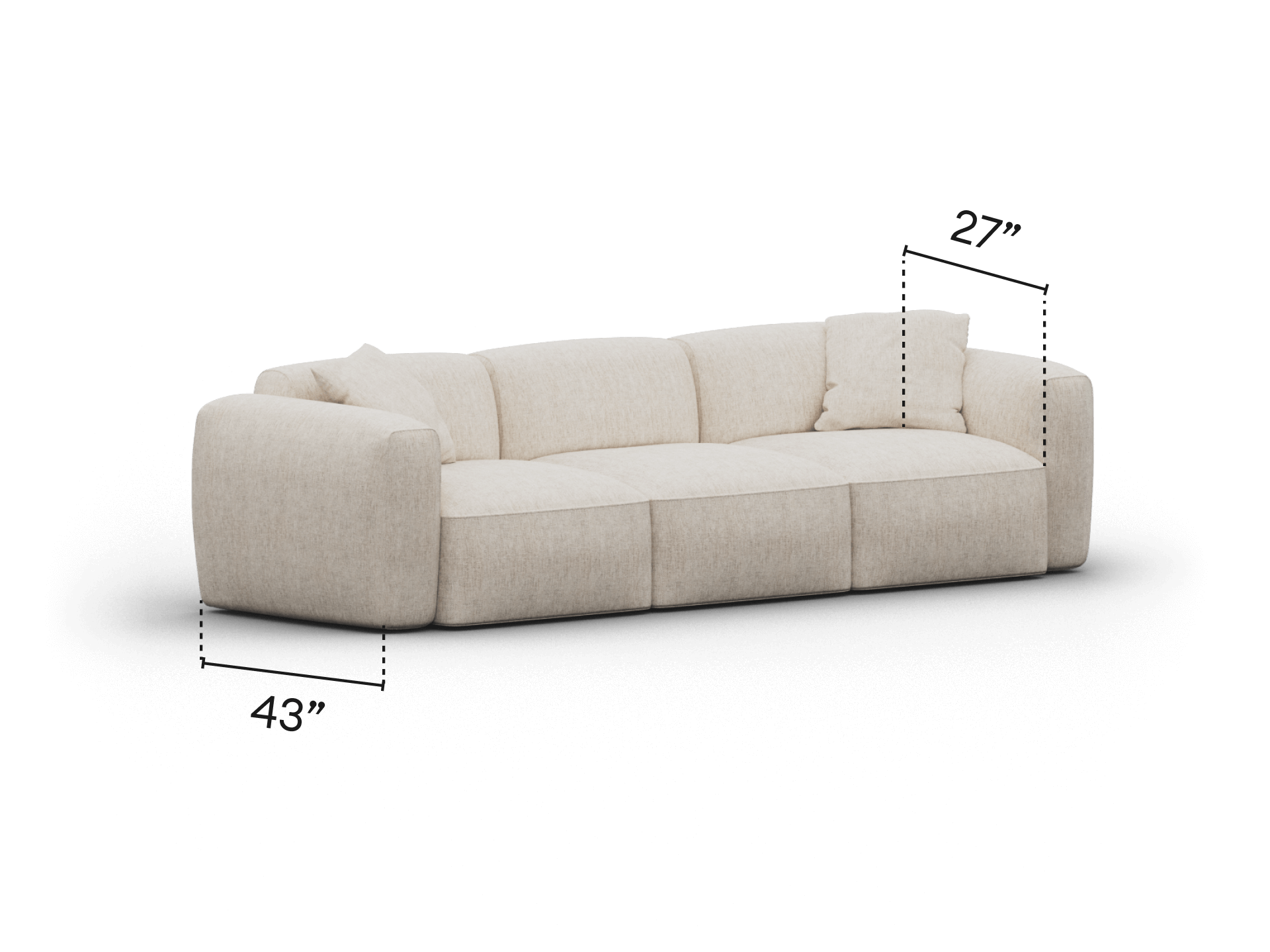 Beige linen sofa with plush cushioning and wide armrests; modern modular design, perfect for a contemporary living room setting.