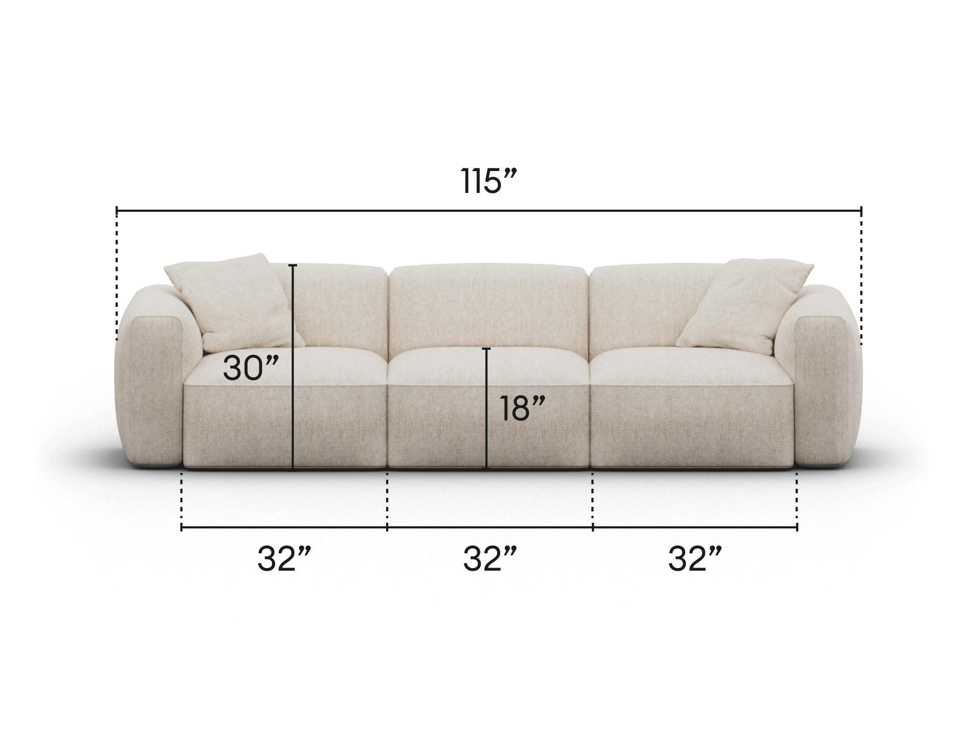 Luxurious cream modular sofa, plush fabric, sleek design, with generous padding, 115-inch width, perfect for refined modern Australian living spaces.