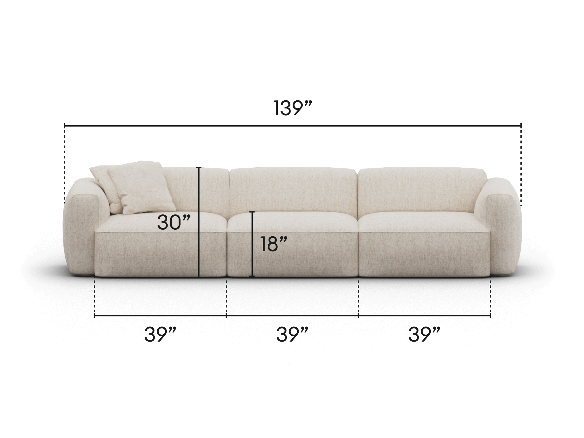 Elegant three-seater sofa in soft cream upholstery, featuring plush cushions and rounded armrests. Dimensions provided, ideal for modern living spaces.