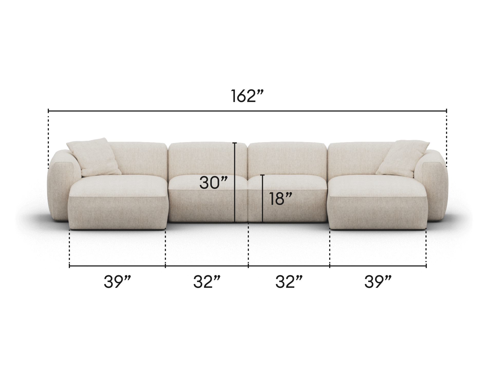 Luxurious beige fabric modular sofa, featuring deep cushions and soft curves, set in a spacious living room. Dimensions: 162''W, 39''D.
