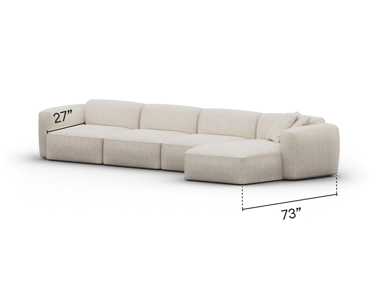 Elegant beige modular sectional sofa with plush cushions, upholstered in premium fabric. Features a right-facing chaise. Perfect for modern living rooms.