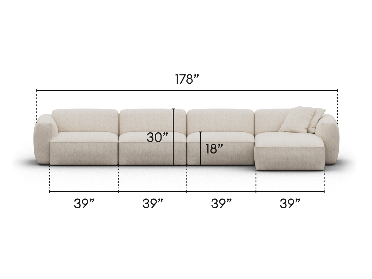 Beige modular sectional sofa in premium fabric, featuring rounded arms and cushions. Measures 178” long with spacious seating. Ideal for modern living rooms.