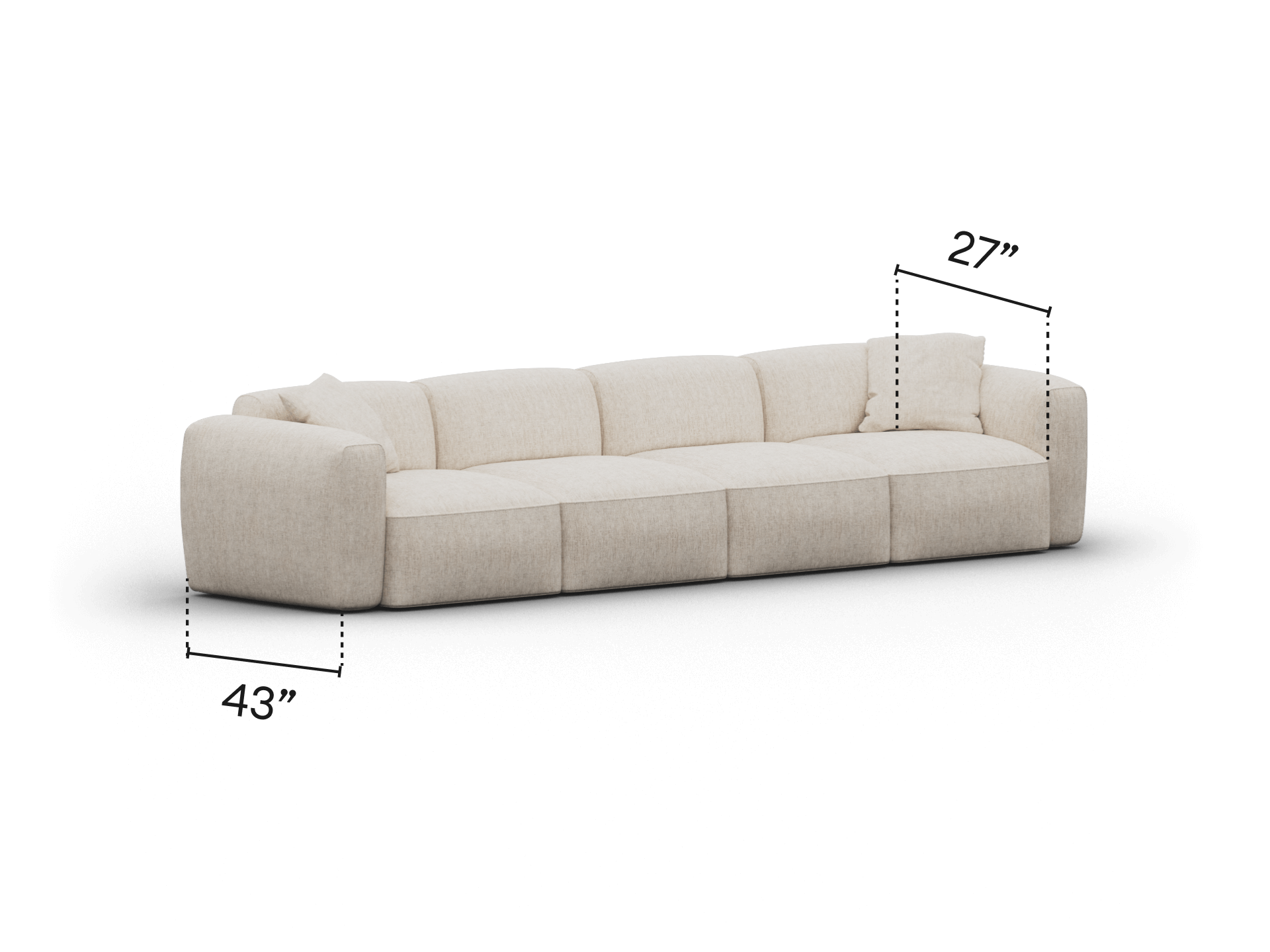 Luxurious beige linen sofa featuring a modern, low-profile design with plush deep seats. Perfect for elegant living spaces, offering comfort and style.
