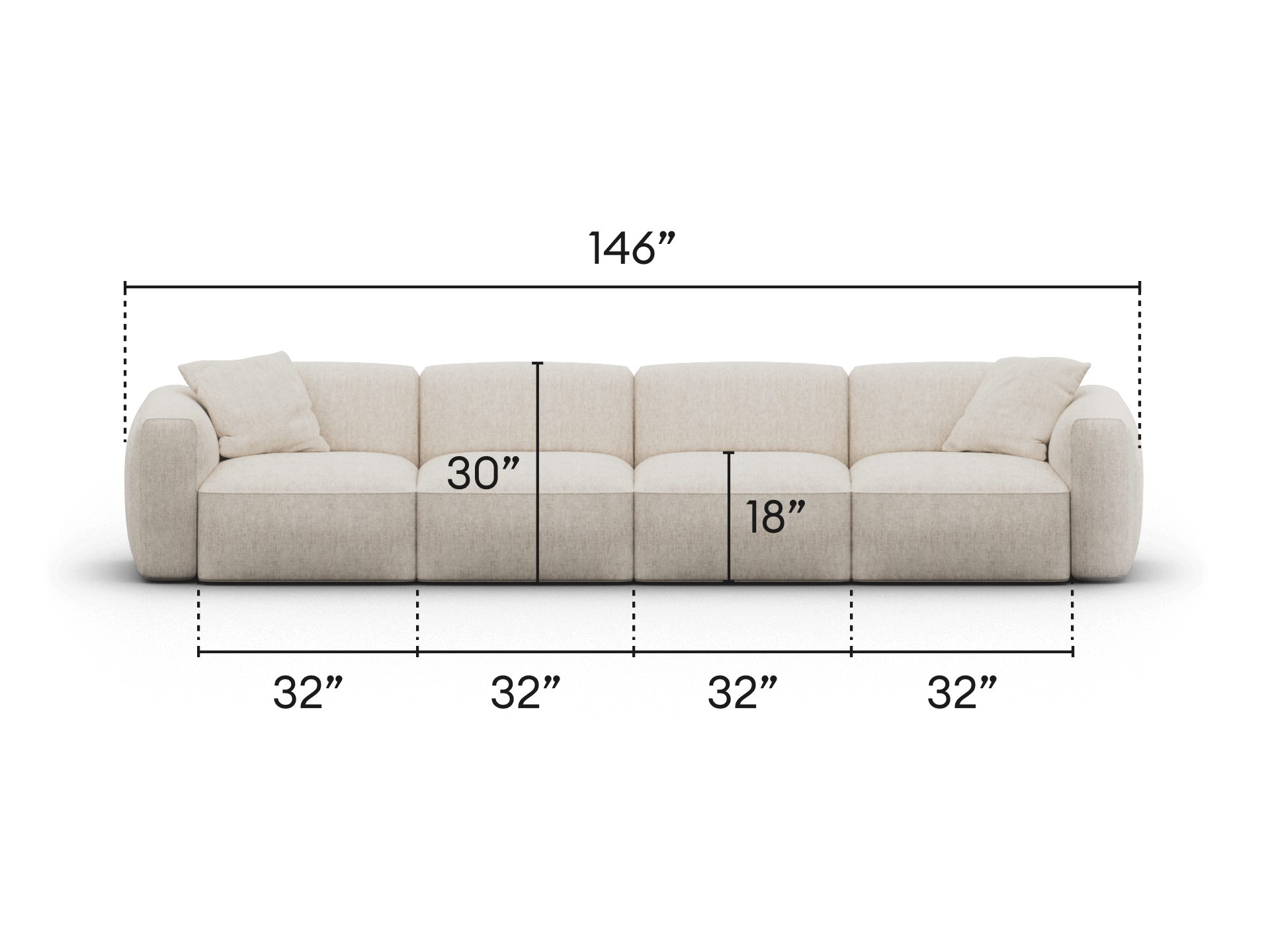 Luxurious modular sofa in cream linen, featuring deep seats and plush cushions. Measures 146 inches wide, exuding sophistication in a modern living room.