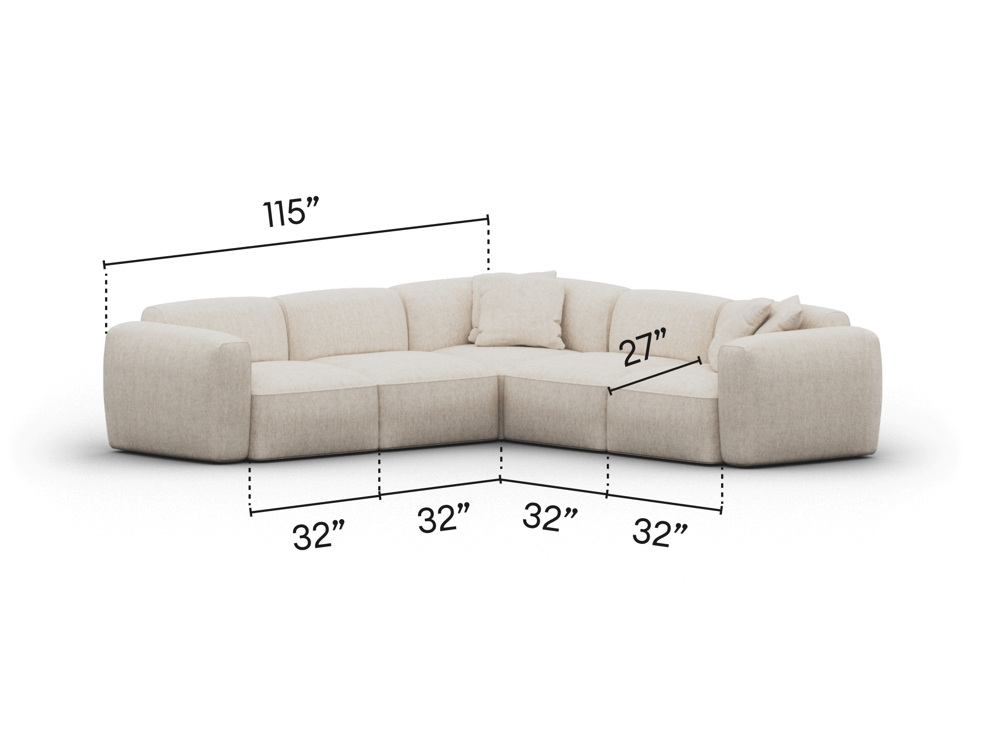 Luxurious L-shaped modular sofa in soft beige fabric, featuring plush cushions and wide armrests. Perfect for spacious, contemporary living areas.