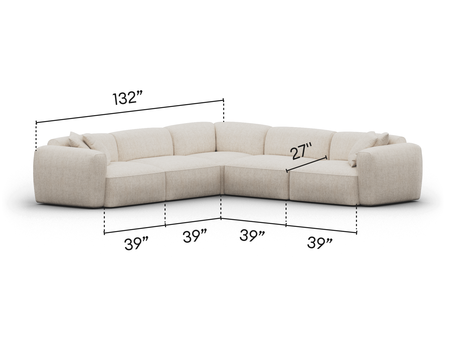 Luxurious sectional sofa in soft beige fabric featuring a modern L-shape, plush cushions, and wide armrests, perfect for spacious living areas.