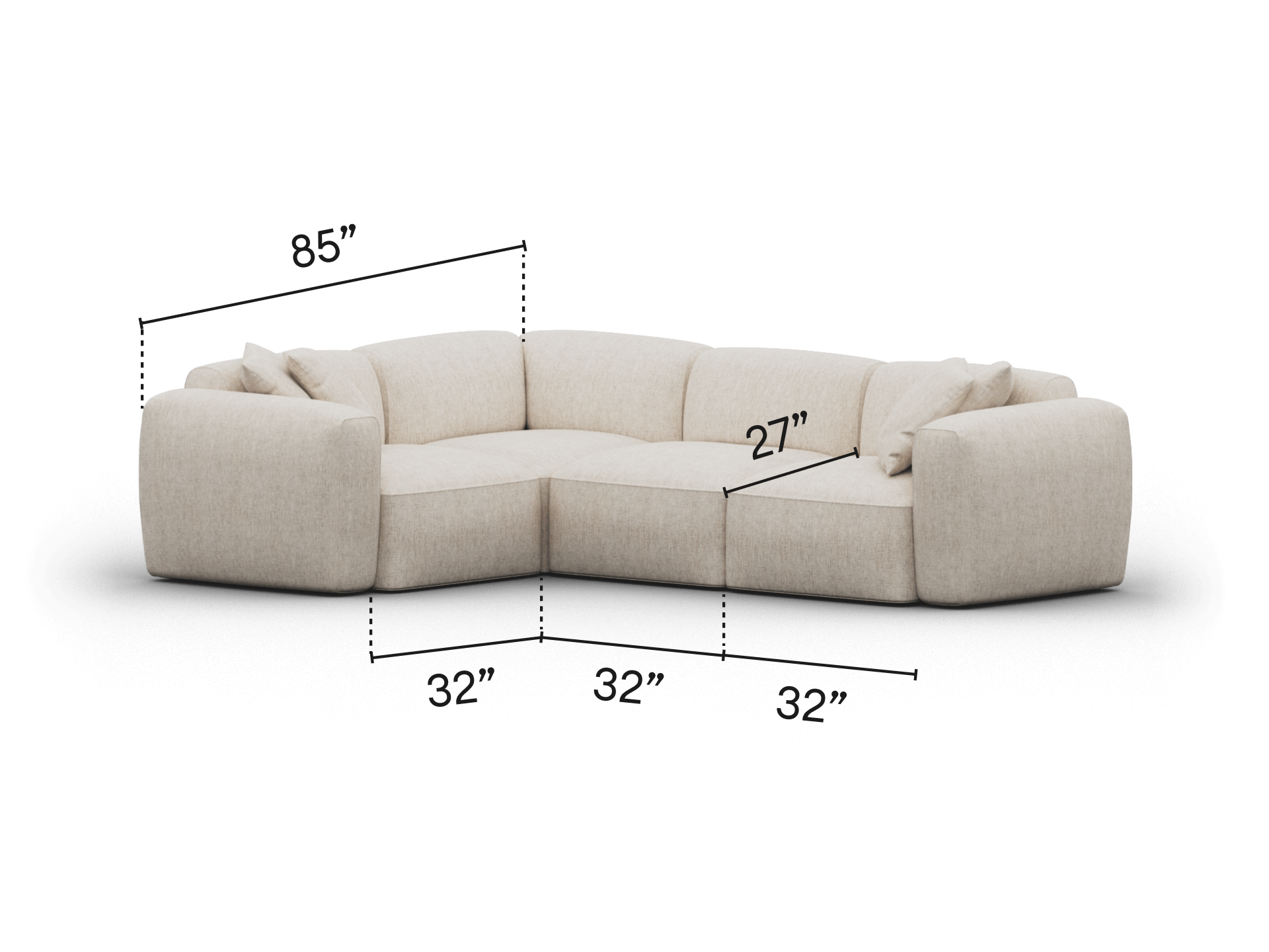 Luxurious beige modular sectional sofa, upholstered in premium fabric. Features deep seating and plush cushions. Perfect for a sophisticated living room setting.