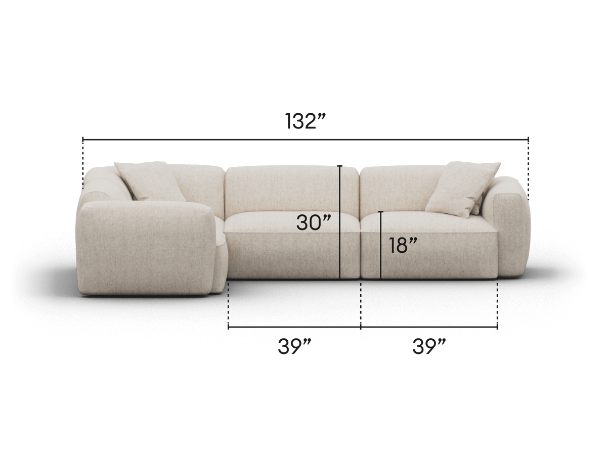 Luxurious modular sectional sofa in a cream woven fabric, featuring plush cushions and curved armrests. Elegantly fits modern living spaces, measuring 132" wide.