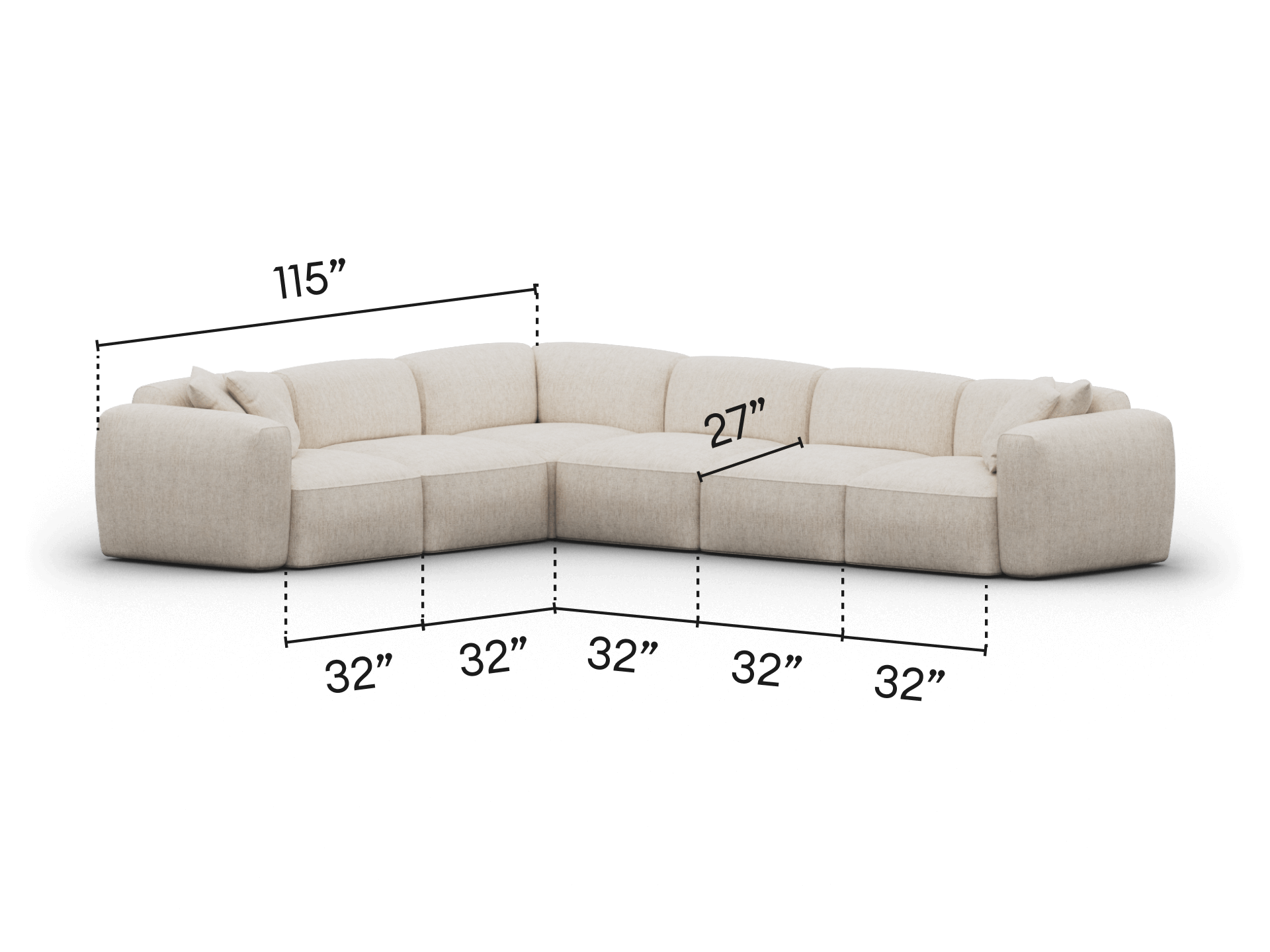 Elegant modular corner sofa in luxurious beige fabric, featuring plush cushions and a contemporary design. Ideal for spacious living areas. Measurements detailed.