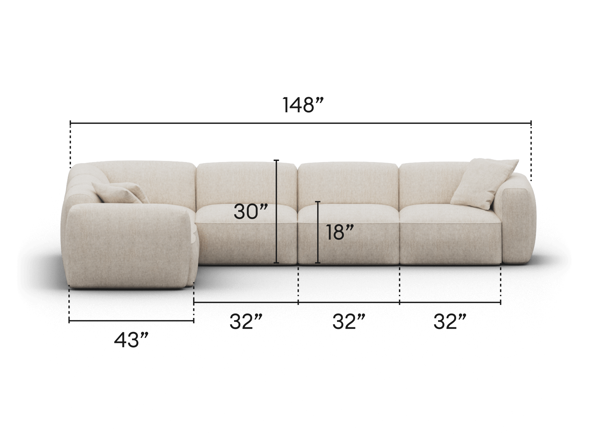 Luxurious beige modular sofa with plush fabric upholstery, deep seating, and sleek minimalist design. Perfect for a sophisticated living room setting.