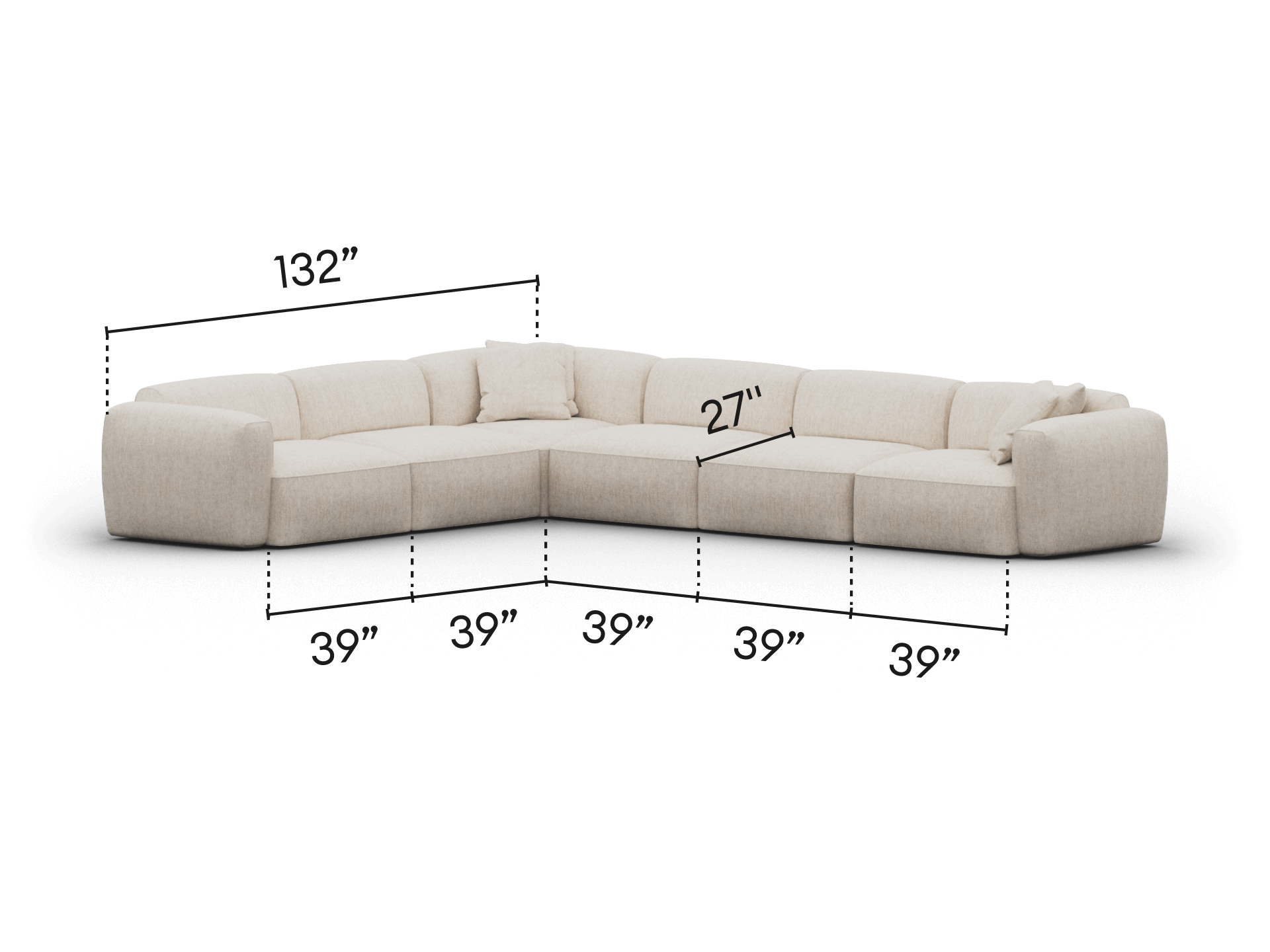 Luxurious L-shaped sectional sofa in soft beige fabric. Features deep cushions and modular design, perfect for contemporary living spaces.