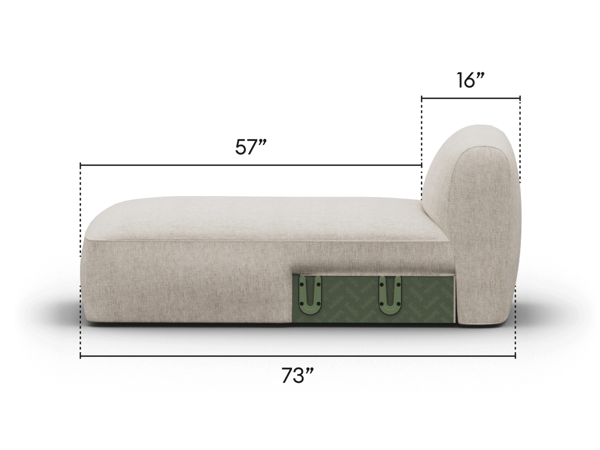 Elegant beige chaise lounge in premium fabric, featuring rounded backrest and built-in green storage drawer, ideal for luxurious contemporary interiors.