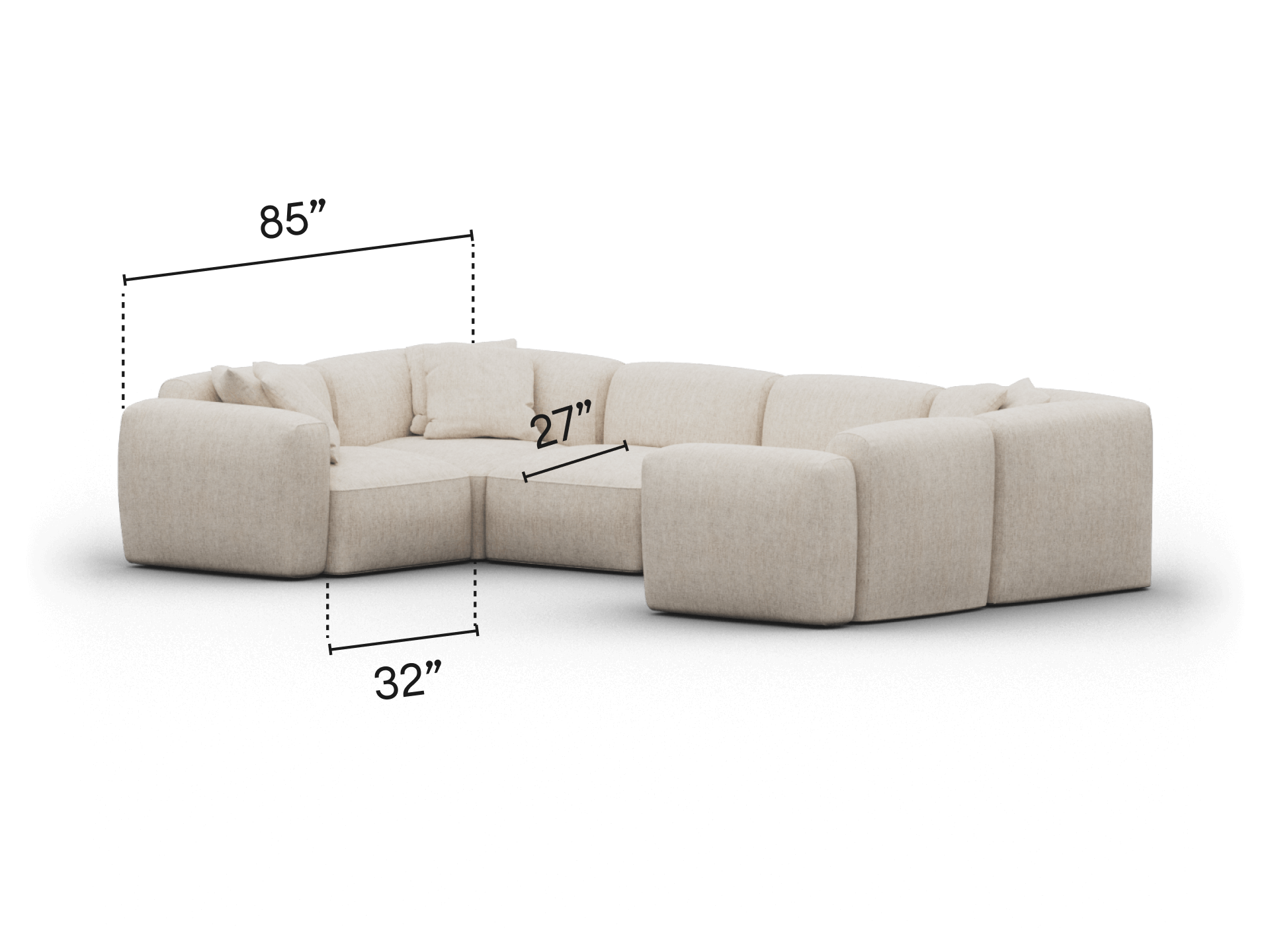 Luxurious modular corner sofa in soft beige fabric, featuring deep plush cushioning and a low-profile design. Perfect for contemporary living spaces.