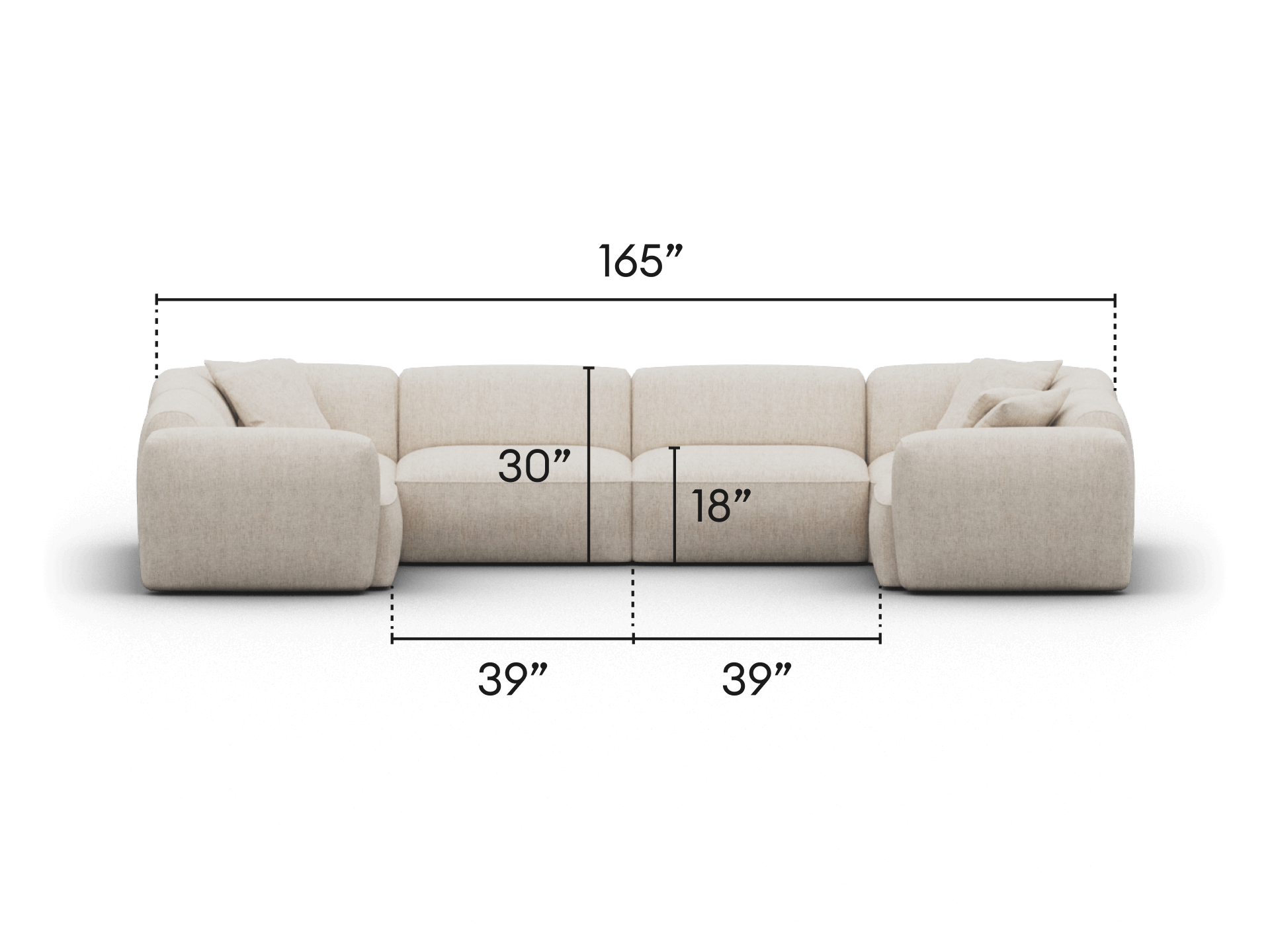 Modern beige sectional sofa in plush fabric, featuring deep seats and spacious L-shape design. Perfect for luxurious living spaces, measures 165" wide.