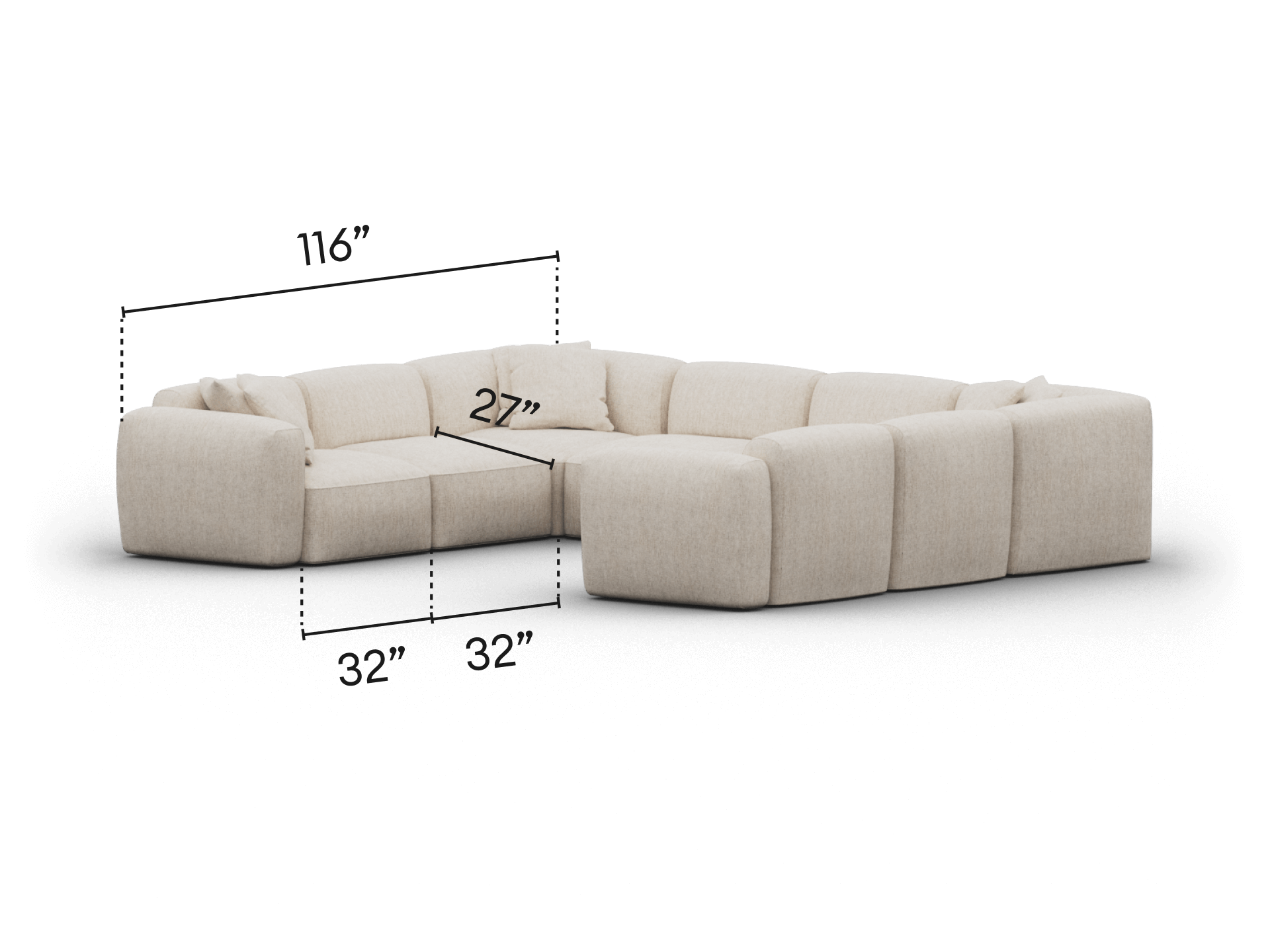 Luxurious L-shaped sectional sofa in cream fabric with deep, plush cushions. Features a minimalist design, perfect for a sophisticated living area. Dimensions noted.