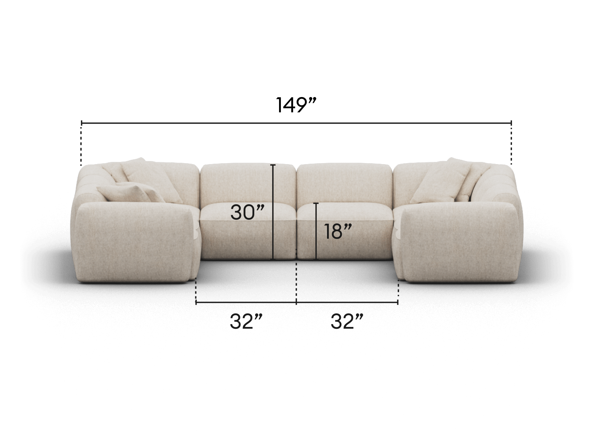 Premium beige sectional sofa, upholstered in soft fabric. Features deep seating and plush cushions, tailored for a sophisticated living room setting.