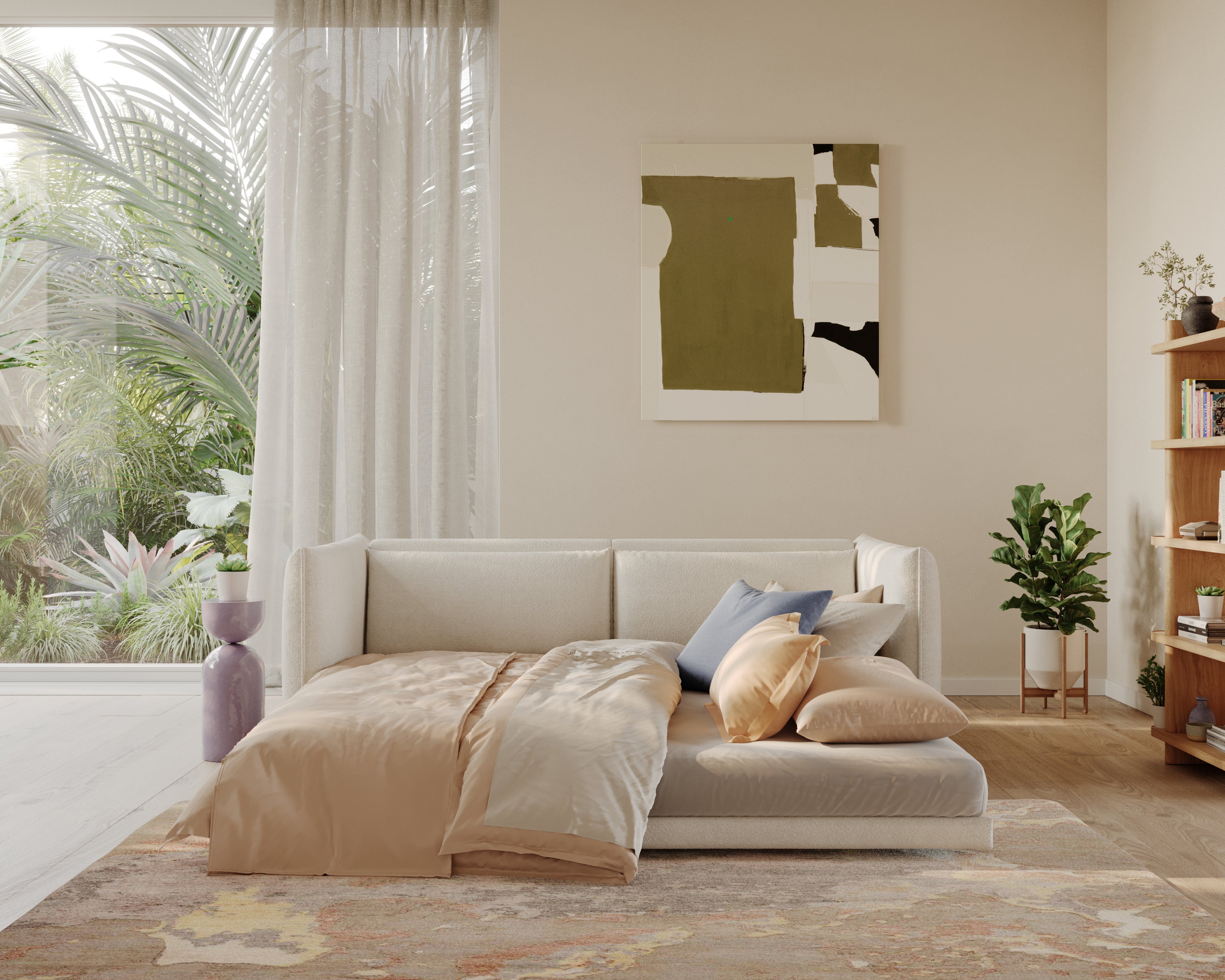 A light beige sofa adorned with pastel pillows and a beige throw, next to a lavender vase, in a bright, plant-filled living room.